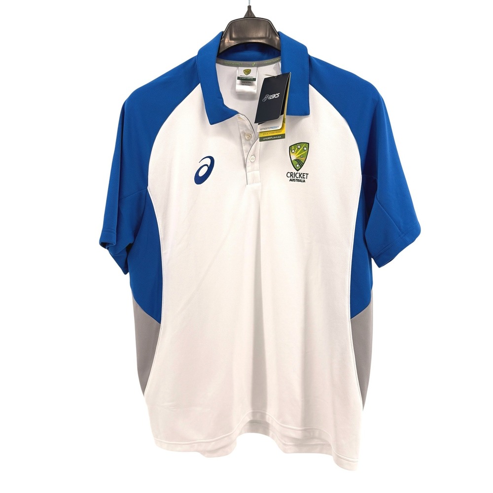 NEW Asics‎ Cricket Australia Polo Mens XXL White Blue Official Travel Training